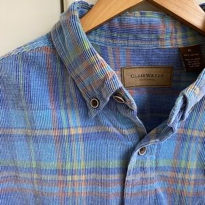 Oversized vintage button down, corduroy-like material, funky plaid, flannel